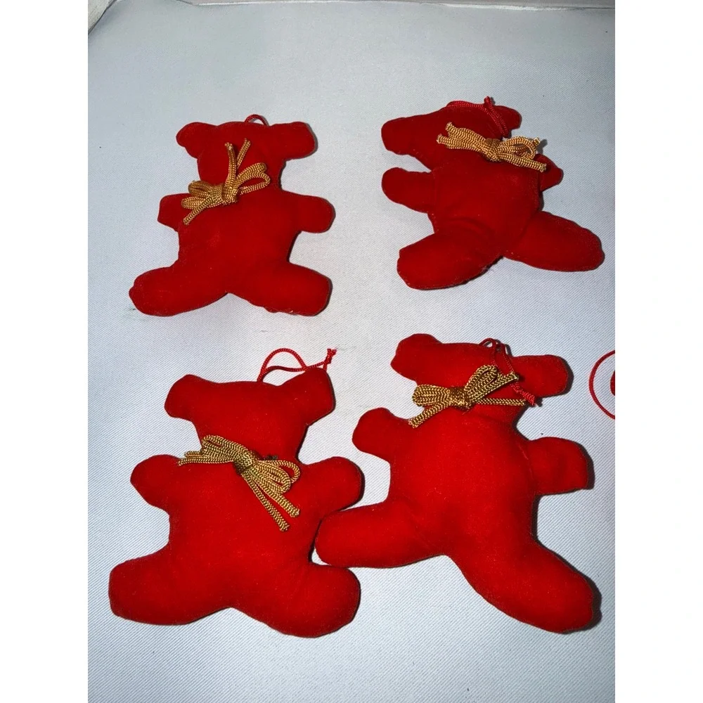 Vintage Red Flocked Bear and Mouse Christmas‎ Ornaments Set of 9 Gold Bows